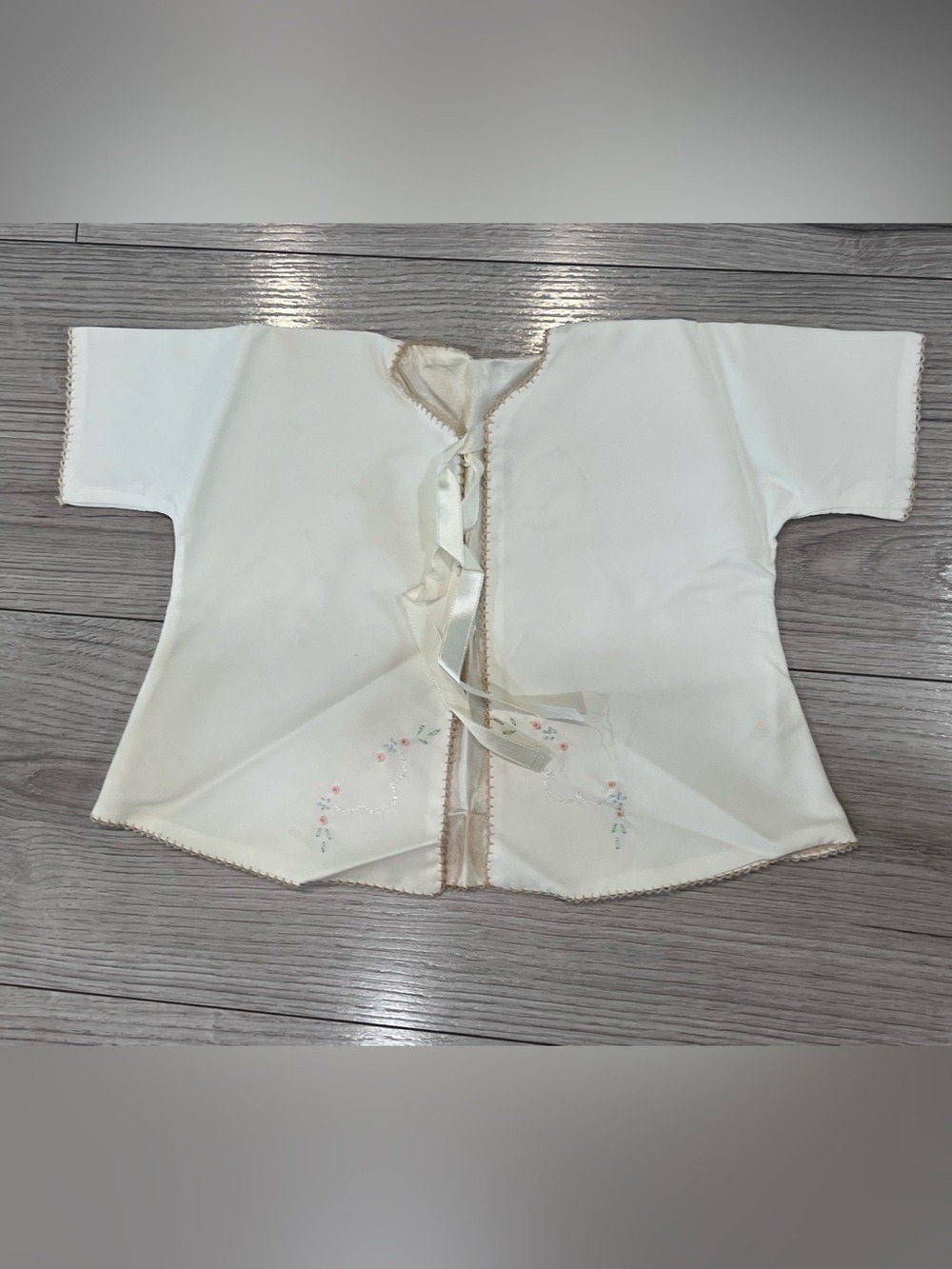 Vintage Baby Satin Kimono Style Jacket Top Ribbon Pink Embroidered Trim Flowers